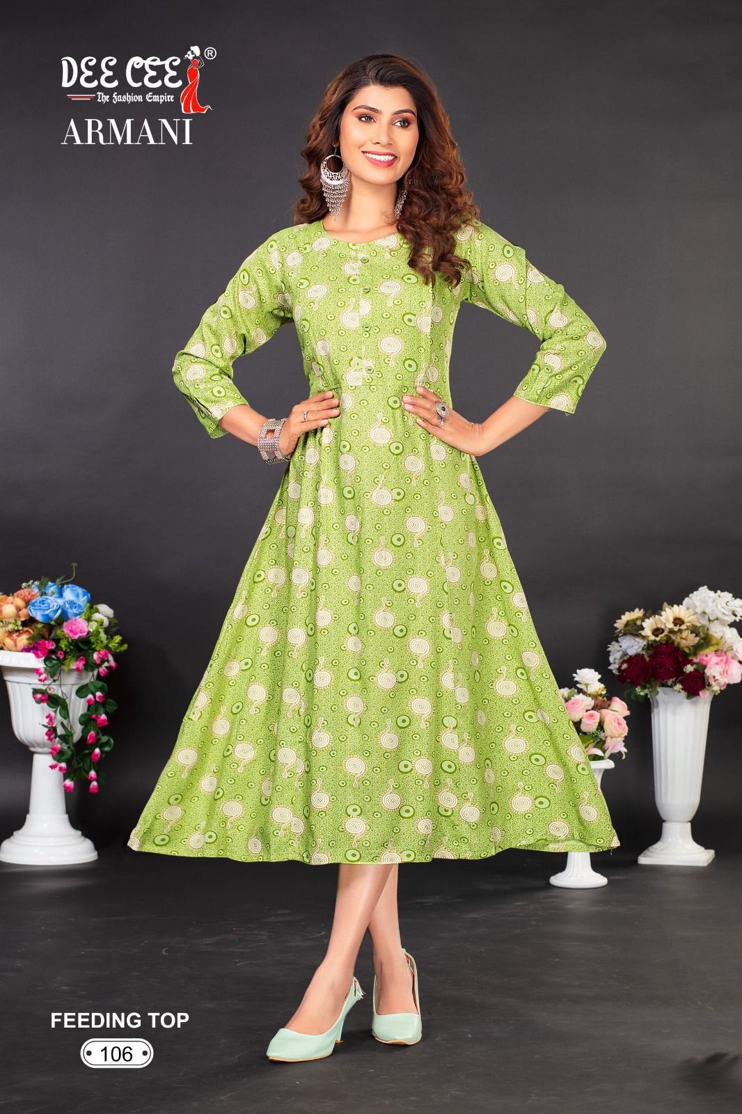 Armani By Dee Cee Flaired Rayon Printed Feeding Kurtis Wholesale Clothing Suppliers In India